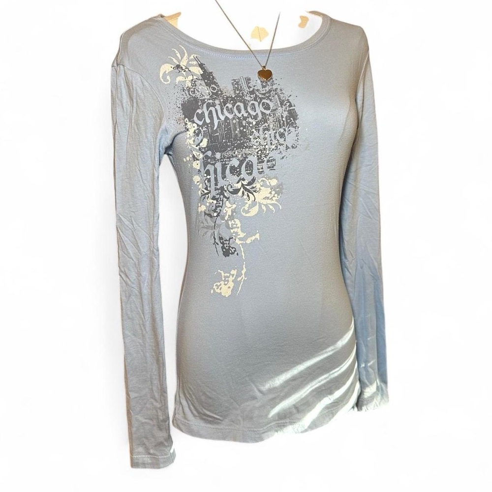 Y2K Grunge Light Blue Chicago Graphic Long Sleeve Tee - Picture 2 of 6